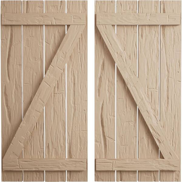 Ekena Millwork 23.5 in. x 90 in. Timberthane Polyurethane 4-Board Spaced Board-n-Batten Hand Hewn Faux Wood Shutters w/Z-Board Pair