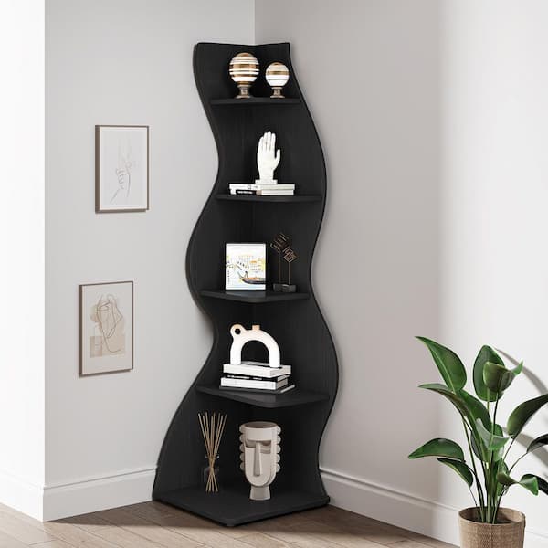 BYBLIGHT Eulas 69.8 in. Tall Black Engineered Wood 5-Shelf Standard Bookcase Corner Shelf with Storage