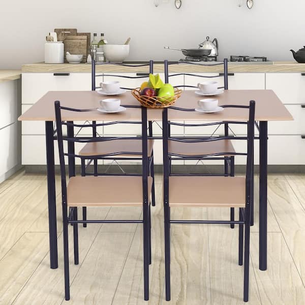 5-Piece Natural Walnut Wood Dining Table Set with 4 Chairs