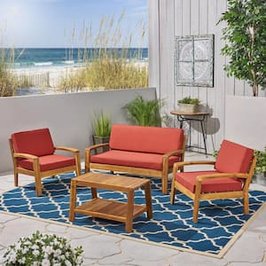 4-Piece Wood Outdoor Patio Conversation Set with Red Cushions