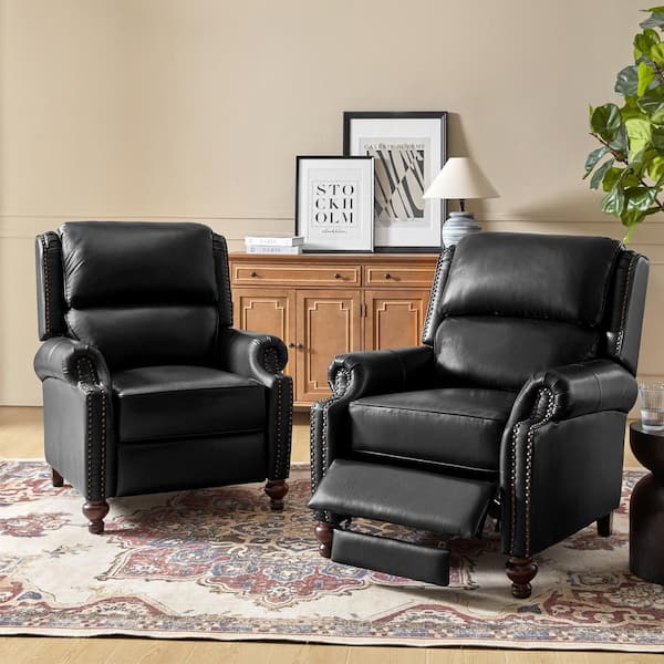 Elisabete Modern Retro Black Nail Head Trim Genuine Leather Cigar Recliner with Tapered Birch Wood Legs (Set of 2)
