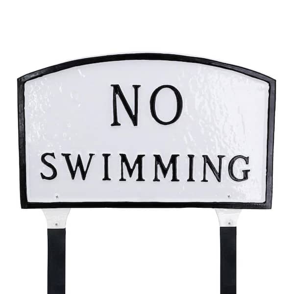 Montague Metal Products 10 in. x 15 Standard Arch No Swimming Statement Plaque Sign with Lawn Stakes - White/Black