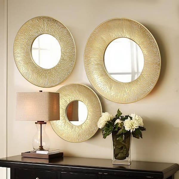 NEW 2024 Round wall mirror modern accent gold metal trim home decor floating hanging