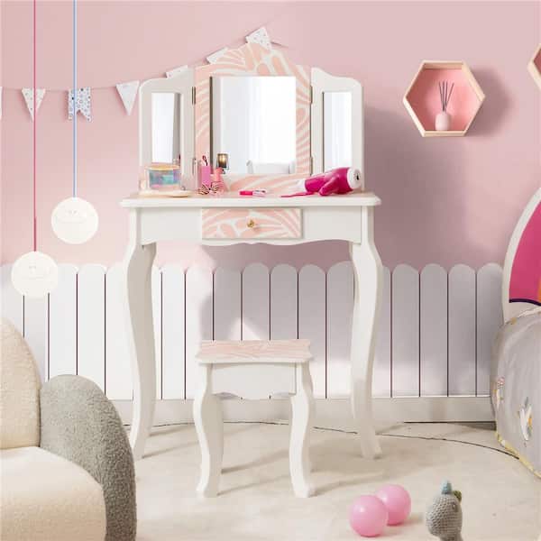 Kid Vanity Set Wooden Makeup Table Stool Tri-Folding Mirror Zebra-Stripe Pink