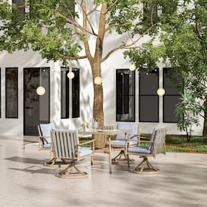 Sleek Line 5-Piece Aluminum Rectangular Outdoor Dining Set with Swivel Chairs and Blue Cushions