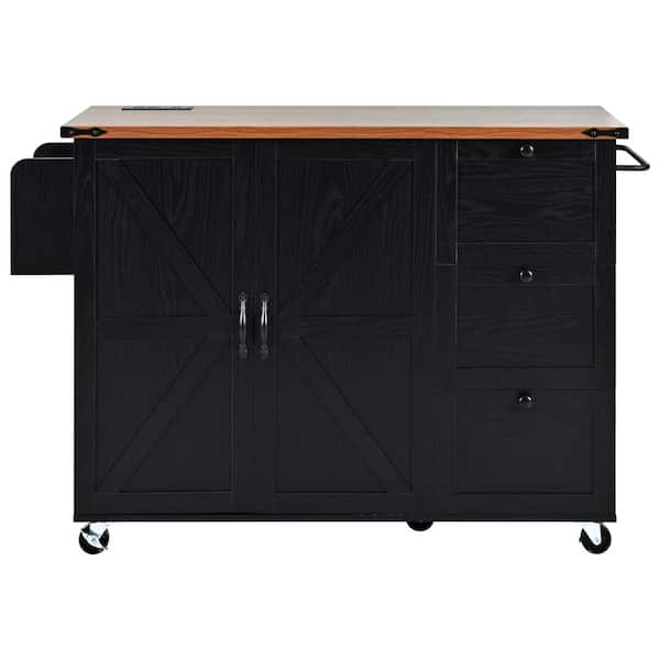 Black Wood 54 in. Kitchen Island with Drop Leaf, 2-Power Outlet Internal Storage Rack for Home, Kitchen and Dining Room