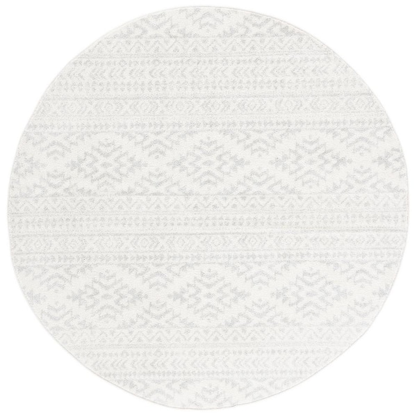 Tulum 10 ft. x 10 ft. Round Ivory/Light Gray Striped Tribal Geometric Area Rug