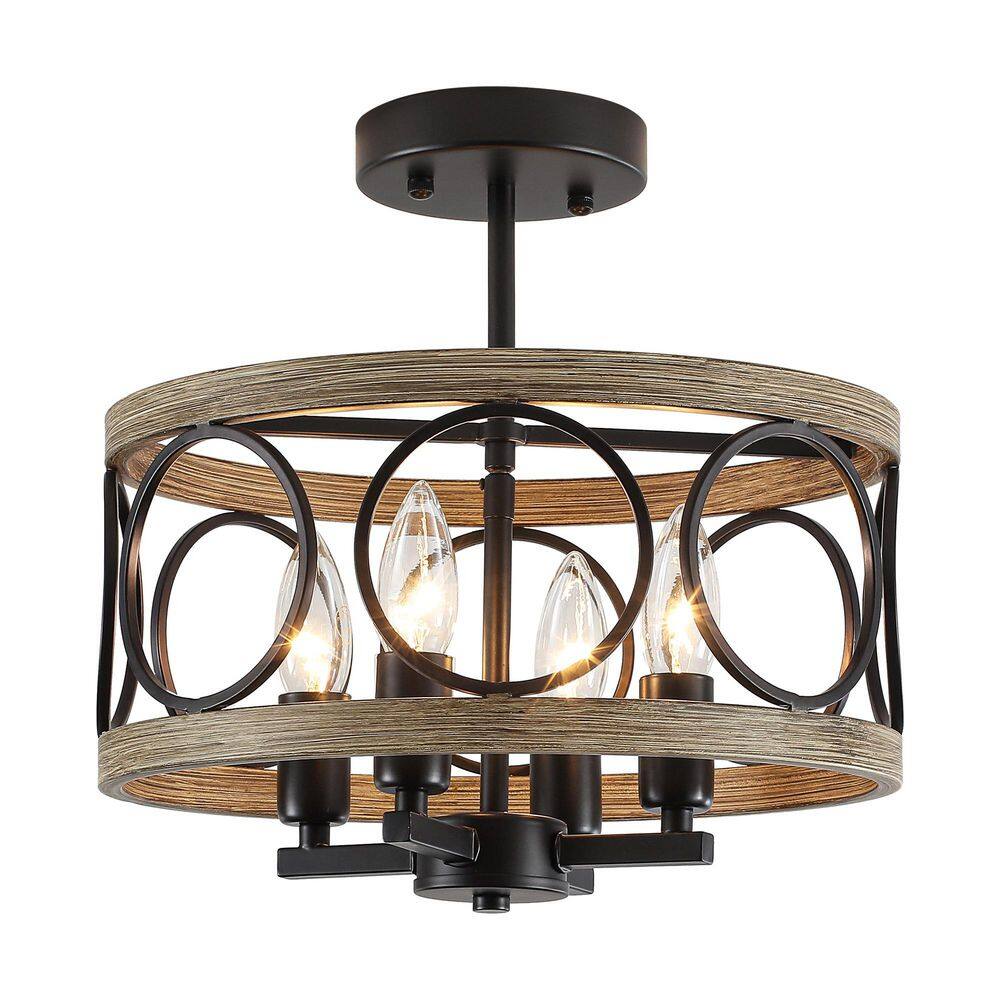 12.6 in. 4-Light Black & Imitation Wood Grain Drum Round Farmhouse Semi Flush Mount Ceiling Light for Kitchen Island price history on PriceWatchPro