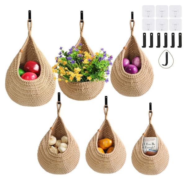 Brown Cotton Hanging Basket for Garlic Potato Vegetable Onion Teardrop Home Hanging Storage Baskets (6-Pack)