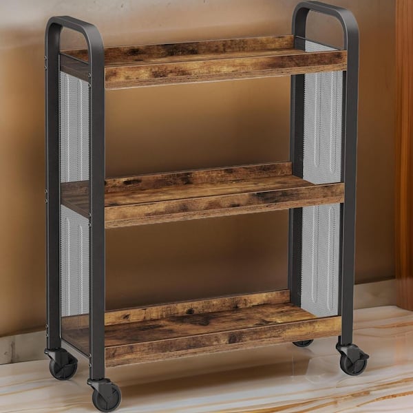 Benjara Brown and Black Steel Brown Wood Kitchen Cart with 3 Shelves