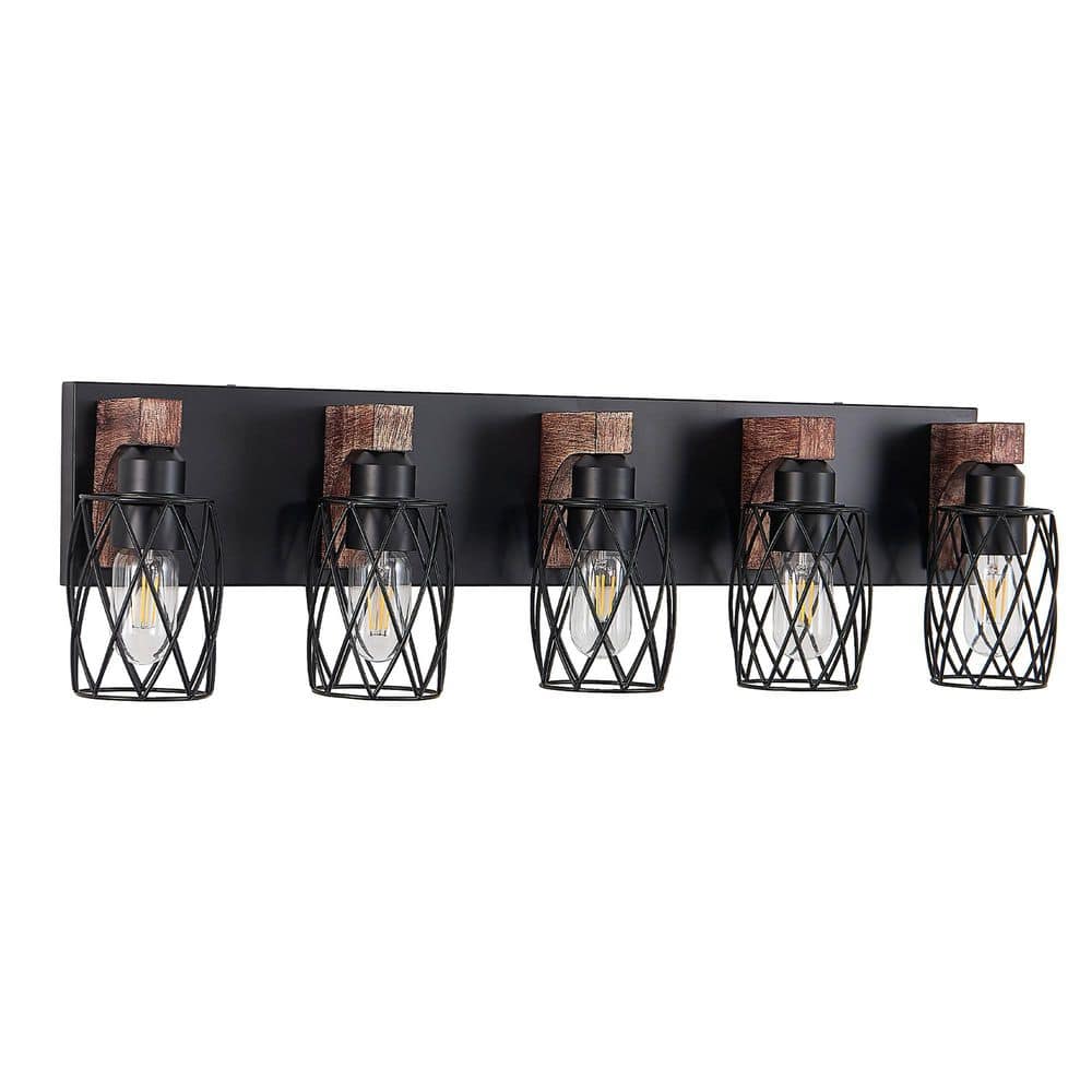 31 in. 5-Light Industrial Farmhouse Black Vanity Light Vintage Wall Sconce Fixture with Wooden Accents price history on PriceWatchPro