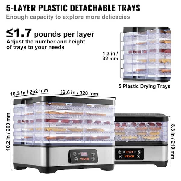 VEVOR Food Dehydrator Machine w/6 Stainless Steel Trays, 700-Watts