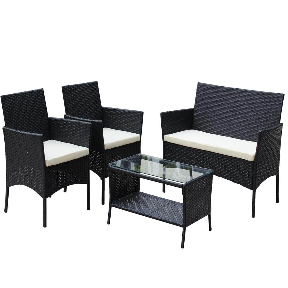 Outdoor 4-Piece Rattan Patio Furniture Set with Tempered Glass Top Table an