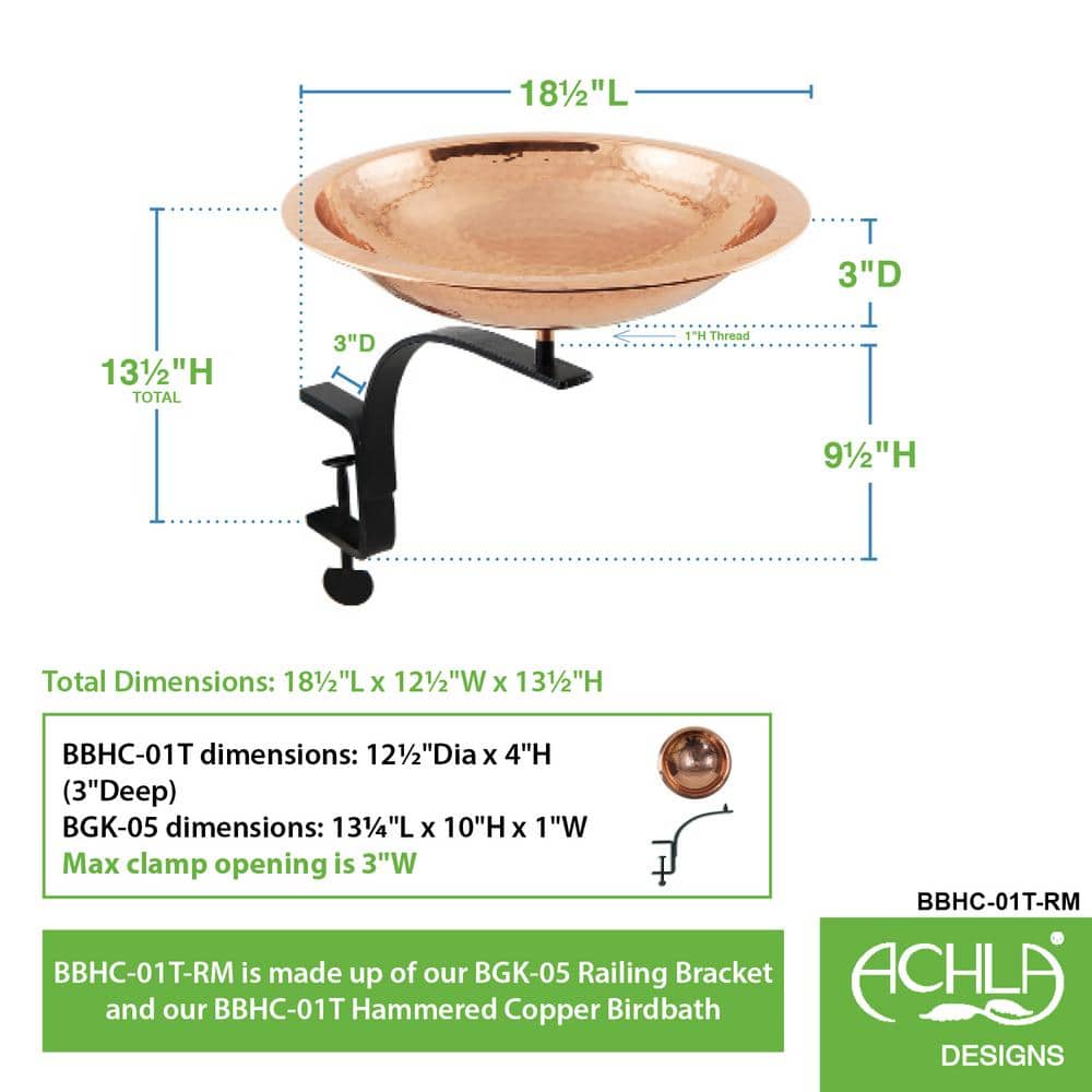 Hammered Copper Rail-Mounted Birdbath with Black Metal Bracket