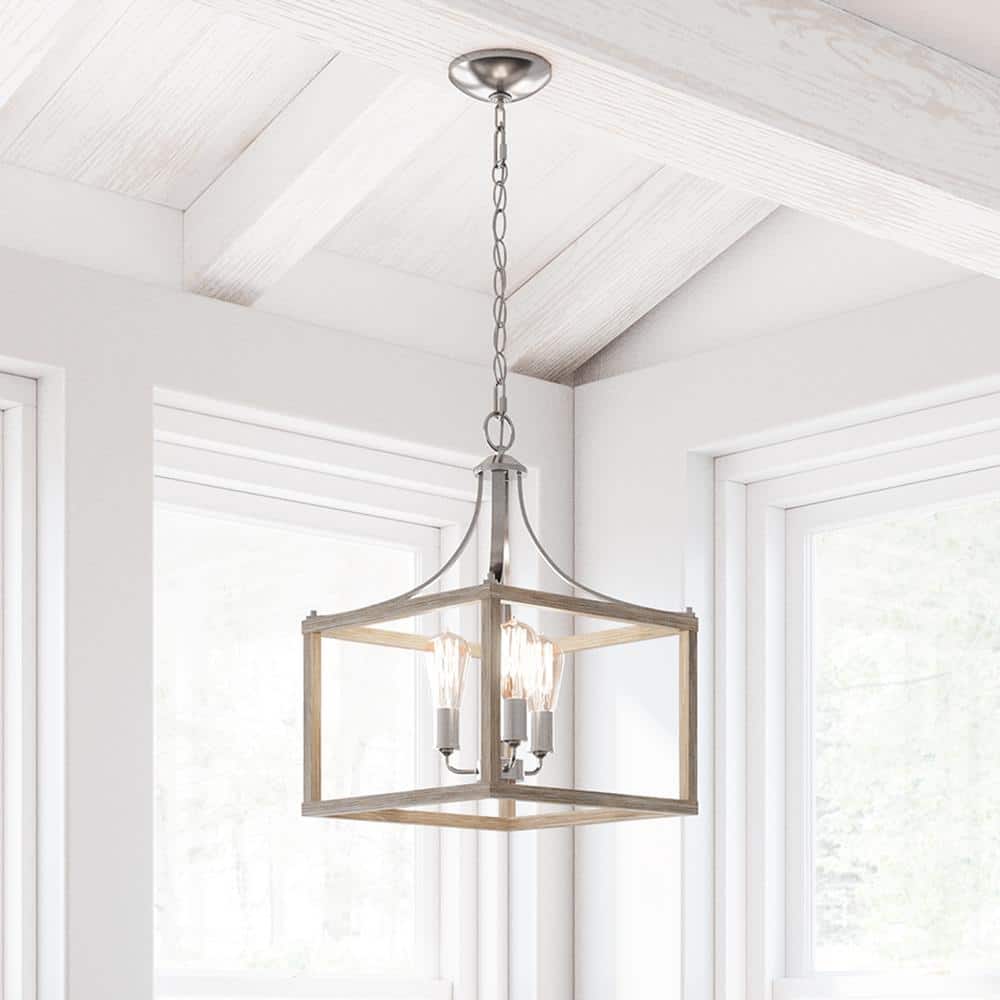 Boswell Quarter 14 in. 3-Light Brushed Nickel Farmhouse Square Chandelier with Painted Weathered Gray Wood Accents price history on PriceWatchPro