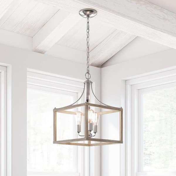 Boswell Quarter 14 in. 3-Light Brushed Nickel Farmhouse Square Chandelier with Painted Weathered Gray Wood Accents