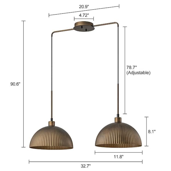 Elizabeth 32.7 in. 2-Light Vintage Brass Stripe Dome Pendant Light Fixture