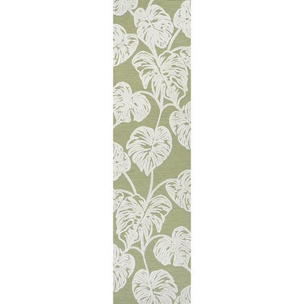 Tobago High-Low Two-Tone Monstera Leaf Light Green/Ivory 2 ft. x 8 ft. Indoor/Outdoor Area Rug