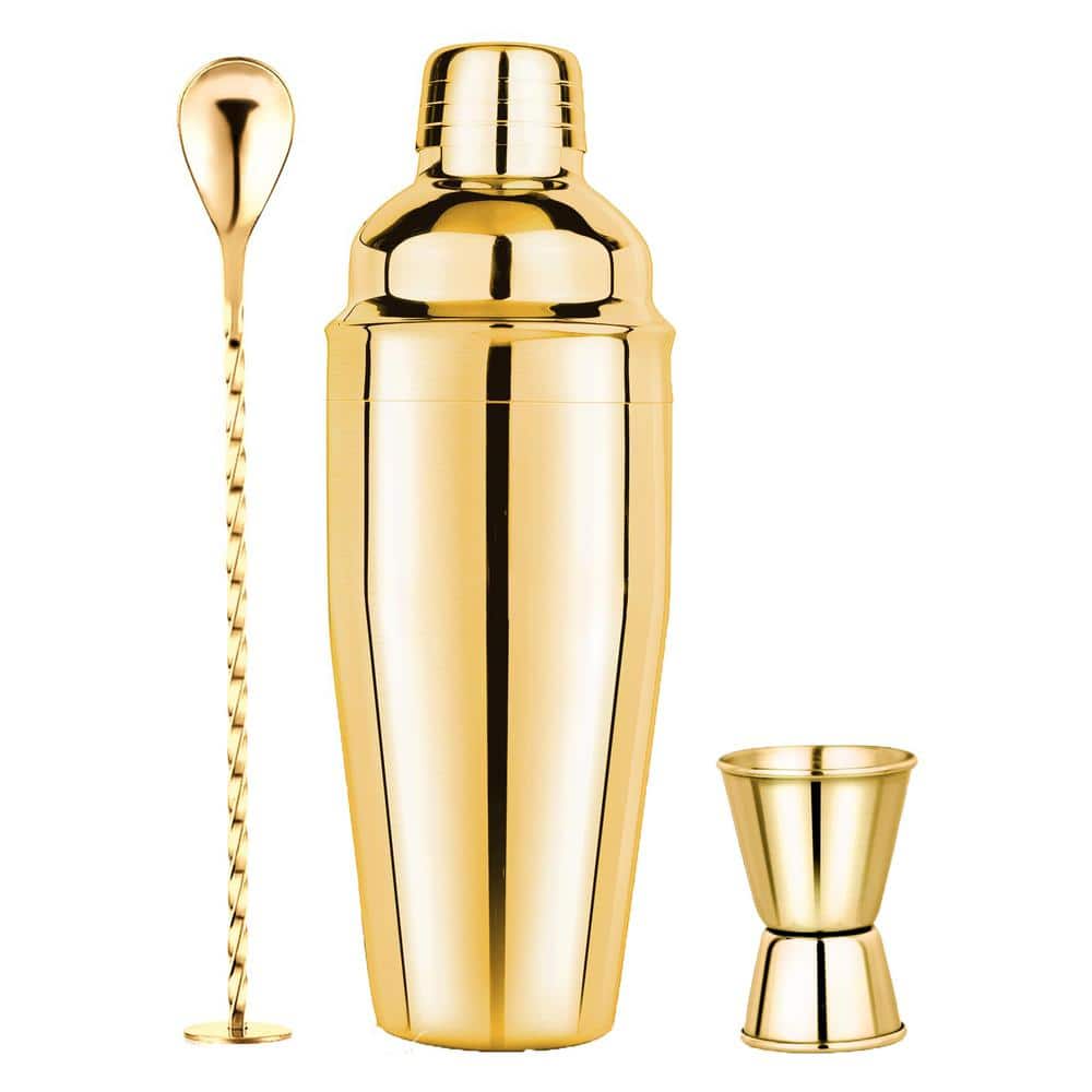 3 in 1 25 oz. Gold Stainless Steel 1-Piece Cocktail Shaker with Measuring J