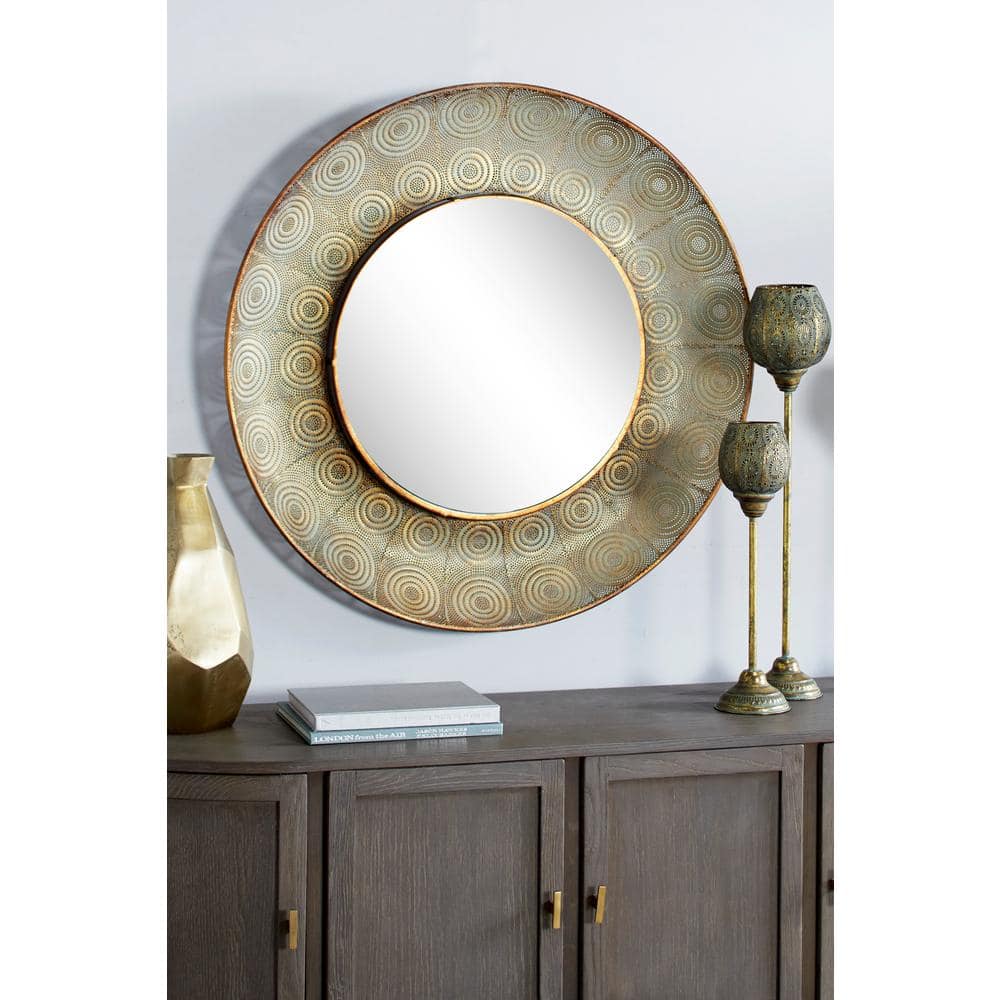 36" Round Gold Metal Wall Mirror with Eclectic Circle Designs