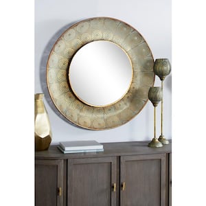 36 in. x 36 in. Pierced Gold Metal Round Framed Wall Mirror with Eclectic Circle Designs