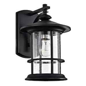 1-Light Black Round Solar Outdoor Wall Lantern Sconce with LED