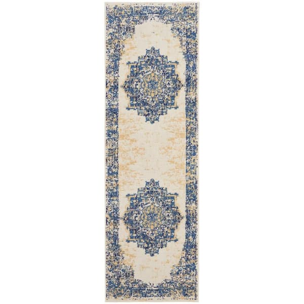 Nourison Grafix White 2 ft. x 6 ft. Center medallion Transitional Runner Area Rug