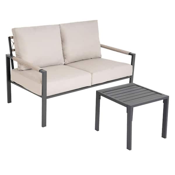 Gray Metal Outdoor Patio Loveseat with 2-Pieces Warm Grey Cushions
