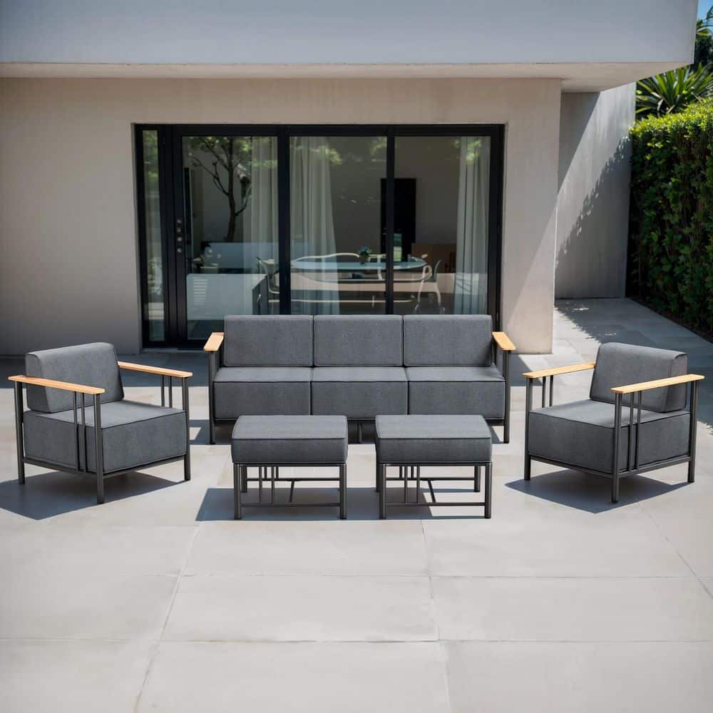 Puffin 5-Piece Black Metal Patio Conversation Set with Sofa, Armchairs and 10 in. Thick Dark Gray Olefin Cushions price history on PriceWatchPro