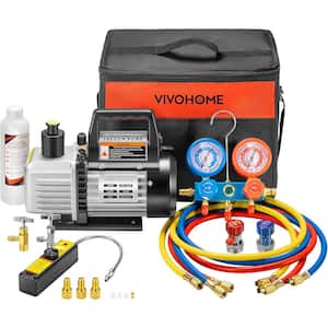 110-Volt 1/3 HP 4CFM Single Stage Rotary Vane Air Vacuum Pump and AC Manifold Gauge Set Kit with Leak Detector in Black