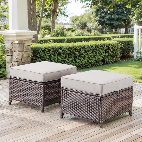 moosprr Luxurious Brown Wicker Outdoor Ottoman with Beige Cushions and Fastening Loop (2-Pack)