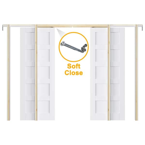 ARK DESIGN 56 in. x 80 in. 5-Lite White Primed Solid Core Door Slab with Wood Pocket Door Frame and Hardware (Soft Close Included)