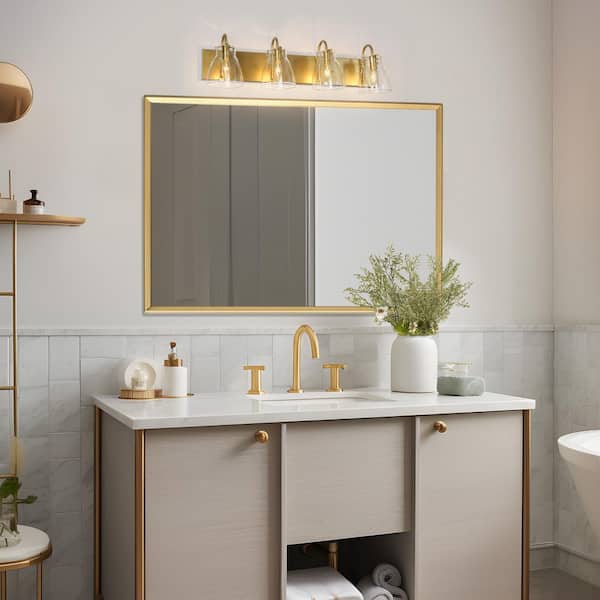 Gold Vanity Light 4-Light Modern Gold Bathroom Wall Light Linear Mirror Wall Sconce with Clear Bell Glass