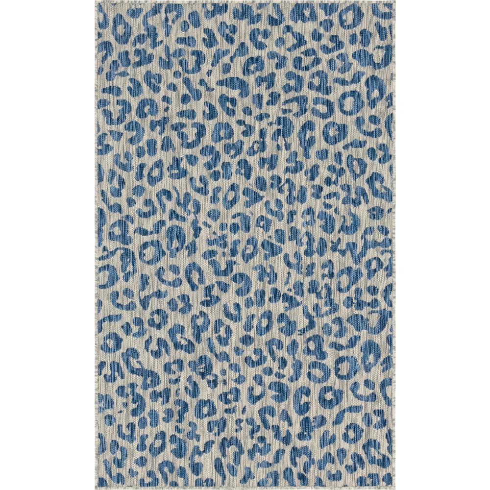 Modern Abstract Blue Outdoor Rug 5' x 8' Synthetic Flatweave