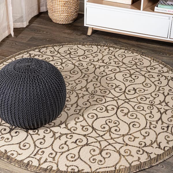 Madrid Vintage Filigree Textured Weave Beige/Brown 5 ft. Round Indoor/Outdoor Area Rug