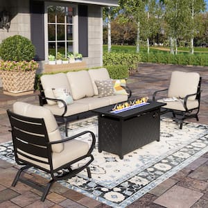 Black 4-Piece Metal Slatted 5 Seat Steel Outdoor Patio Conversation Set with Beige Cushions, Rectangular Fire Pit Table