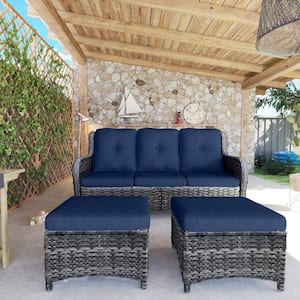 Wicker Outdoor Patio Sofa Sectional Set with Blue Cushions and Ottoman