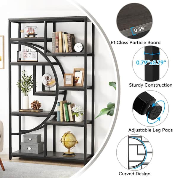 BYBLIGHT Eulas 68.89 in. Tall Gray and Black Wood 9-Shelf Bookcase