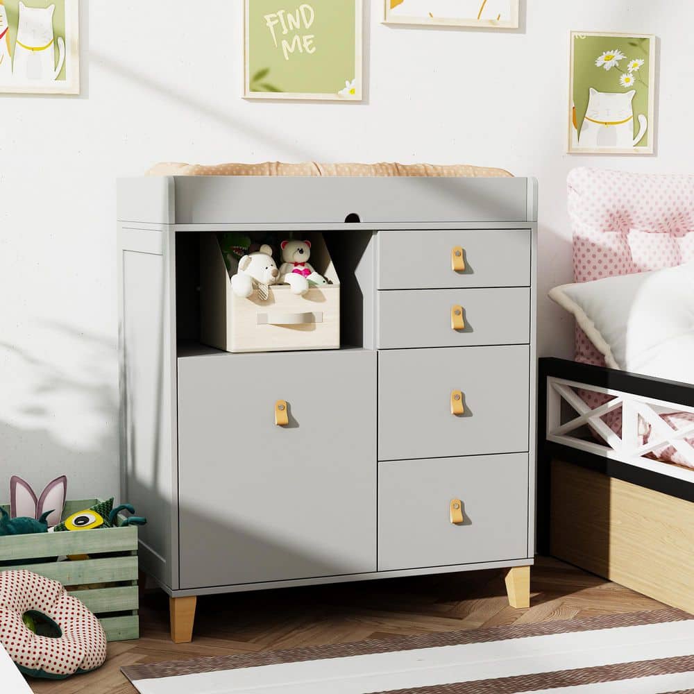 Gray 5-Drawer 33.5 in.W Wood Changing Table, Nursery Dresser Storage Organizer, Diaper Changing Table with Shelves