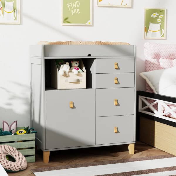 FUFU&GAGA Gray 5-Drawer 33.5 in.W Wood Changing Table, Nursery Dresser Storage Organizer, Diaper Changing Table with Shelves