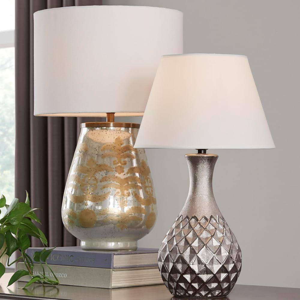 Juliet Metallic Silver Ceramic Nightstand Lamp with White Fabric Shade
