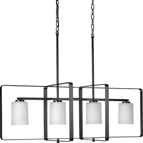 Progress Lighting League Collection 4-Light Matte Black Etched Glass Modern Farmhouse Chandelier Light