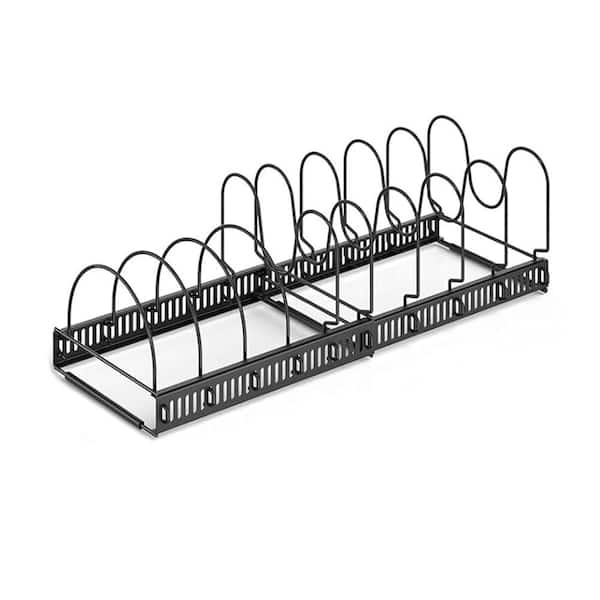 Black Expandable Pots & Pans Organizer Rack w 10 Adjustable Compartments Lid Cutting Board Bakeware Standing Pot Rack