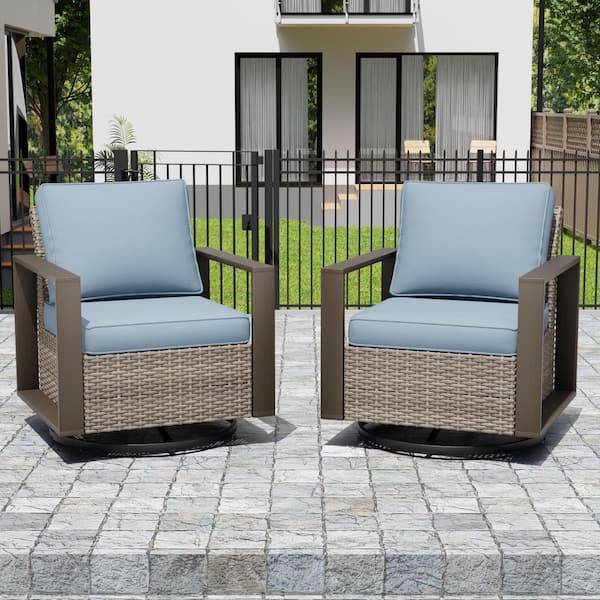 2-Piece Brown Wicker Metal Arm Frame Outdoor Rocking Chair Patio Swivel Chair with Light Blue Cushions