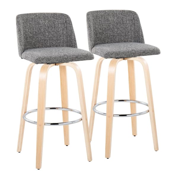 Lumisource Toriano 29.5 in. Grey Noise Fabric, Natual Wood and Chrome Metal Fixed-Height Bar Stool (Set of 2)