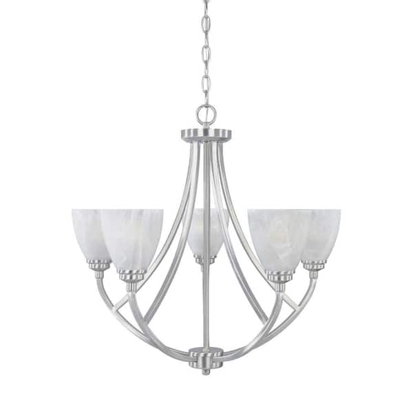 Designers Fountain Tackwood 5-Light Satin Platinum Chandelier with Alabaster Glass Shades For Dining Rooms
