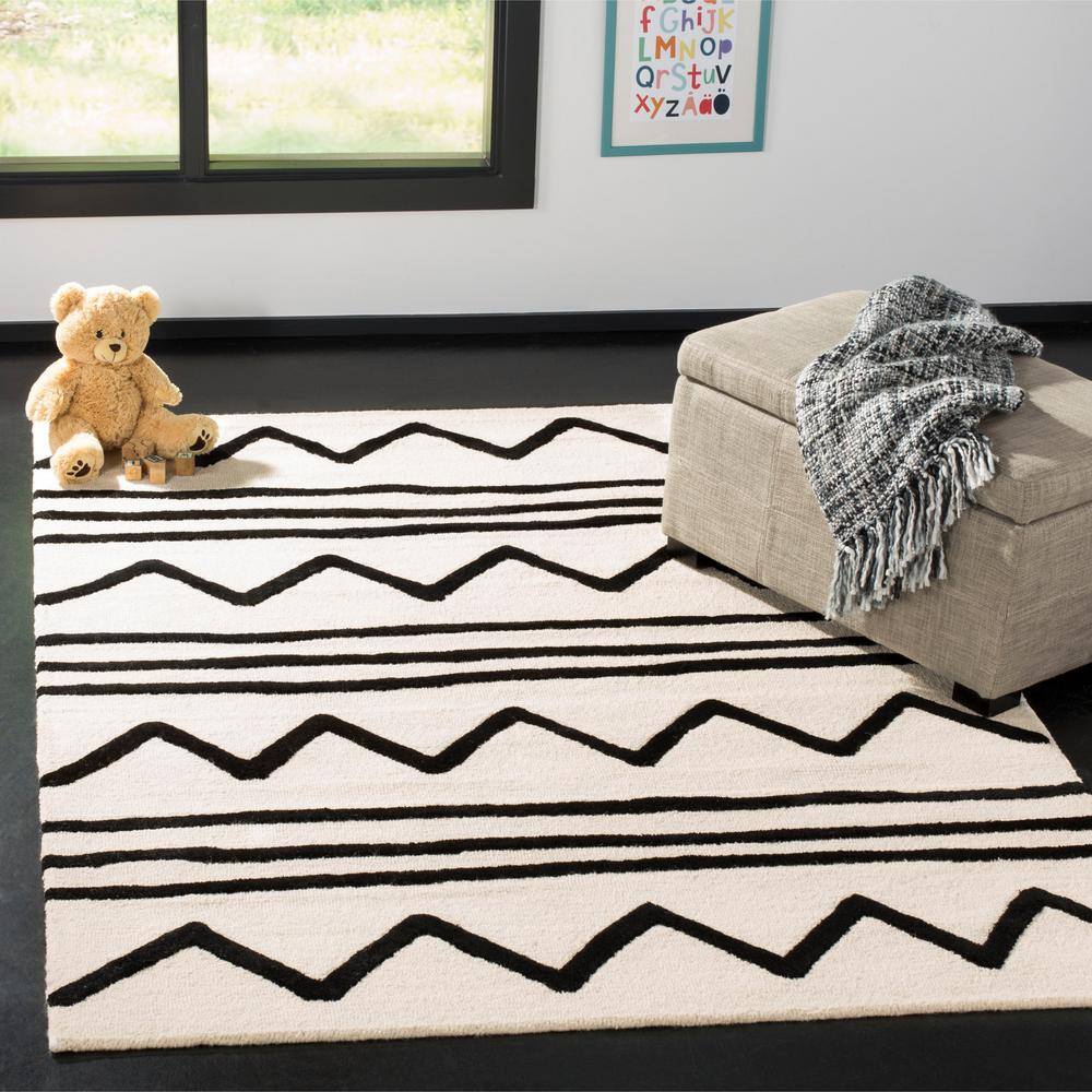 Ivory and Black Geometric Wool Kids Area Rug, 6' x 9'