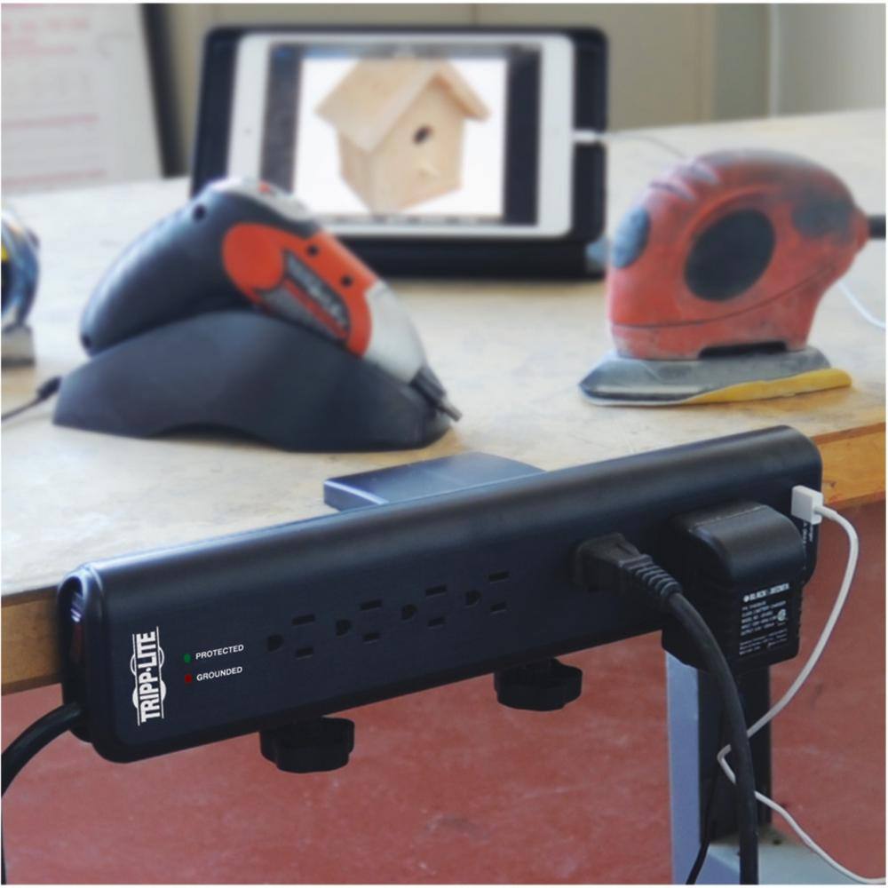 Black 6-Outlet Surge Protector with USB Ports and Clamps