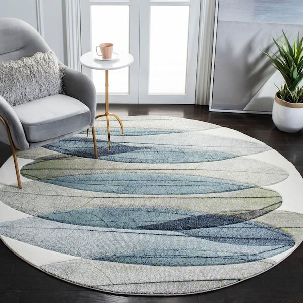 Hollywood 10 ft. x 10 ft. Ivory/Blue/Green Abstract Geometric Round Area Rug