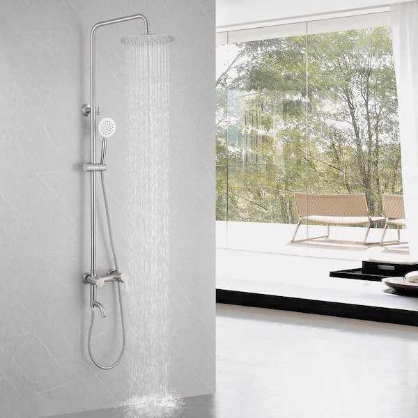 304 Stainless Steel Outdoor Wall Bar Shower Kit with Rotating Rain Shower Head, Hand Shower and Bathtub Faucet in Silver